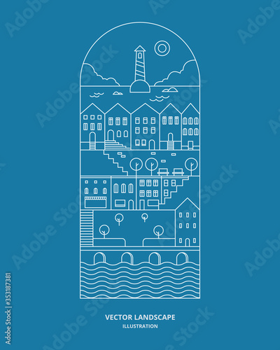 Urban landscape with building, house, store, and tree. Cityscape vector. Thin line style illustration