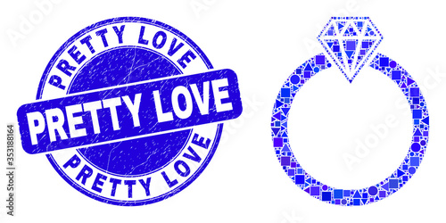 Geometric jewelry ring mosaic pictogram and Pretty Love seal stamp. Blue vector round textured seal stamp with Pretty Love text. Abstract mosaic of jewelry ring created of round, tringle,