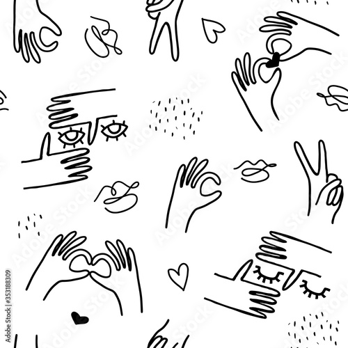 Monochrome trendy line style pattern with hands, lashes,eyes, lips. Vector texure