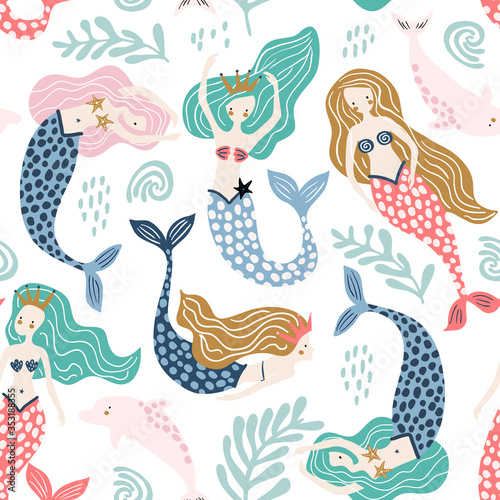 Murais de parede Seamless pattern with creative mermaids with dolphins