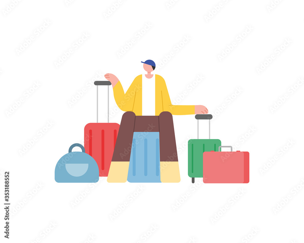 Tourist with luggage bags, suitcases, baggage. Travel concept. Flat cartoon character vector illustration. Tourist with luggage bags, suitcases, baggage. Travel concept. Flat cartoon character vector illustration.