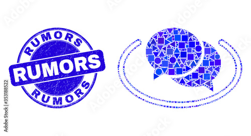 Geometric social network messages mosaic icon and Rumors seal stamp. Blue vector round scratched seal stamp with Rumors text. Abstract collage of social network messages constructed of sphere,