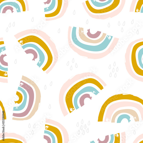 Childish seamless pattern with hand drawn retro rainbow, . Trendy kids vector background.