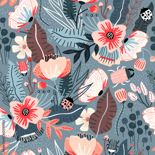 Seamless floral pattern. Blooming flower texture with different type of flowers, branches, bugs. Great for fabric, textile vector illustration.