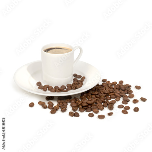 Cup of fresh hot espresso with froth and saucer and decoration of roasted beans, isolated on white background with object shadow. 