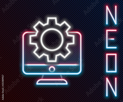 Glowing neon line Computer monitor and gear icon isolated on black background. Adjusting, service, setting, maintenance, repair, fixing. Colorful outline concept. Vector Illustration.