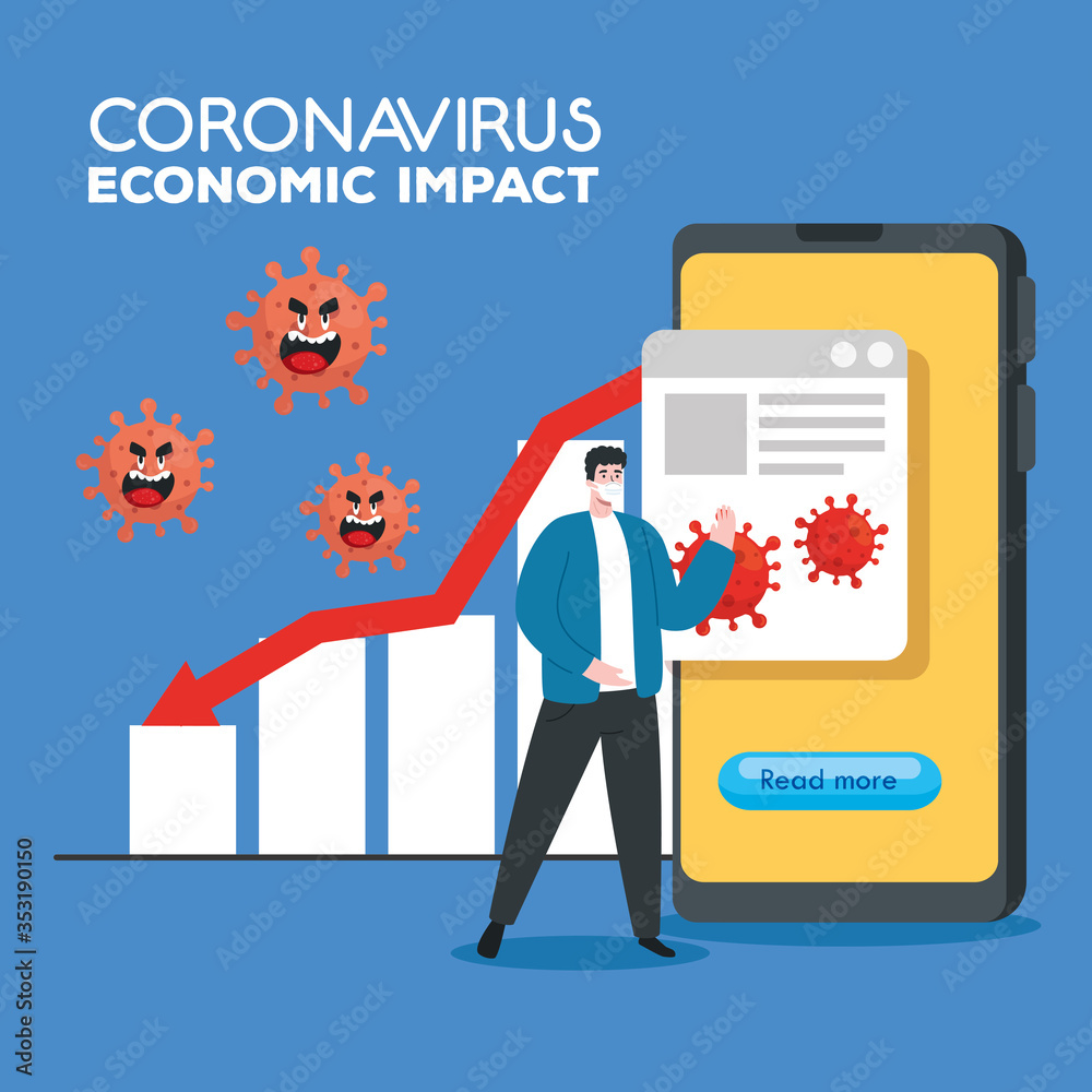 coronavirus 2019 ncov impact global economy, covid 19 virus make down economy, world economic impact covid 19, man with business statistic down vector illustration design - obrazy, fototapety, plakaty 