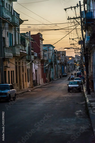 Street at night in residential Havana Centro district, Havana, Cuba
