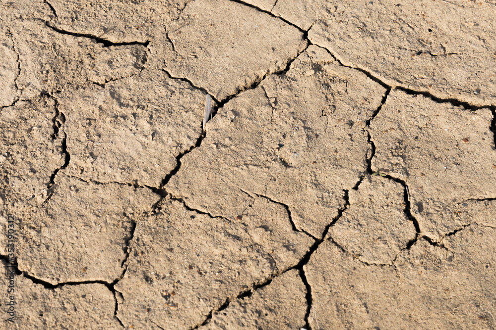 Fototapeta premium Dried and Cracked ground. Cracked surface. Dry soil in arid areas. Cracks in the ground. Drought concept. View from above. Closeup