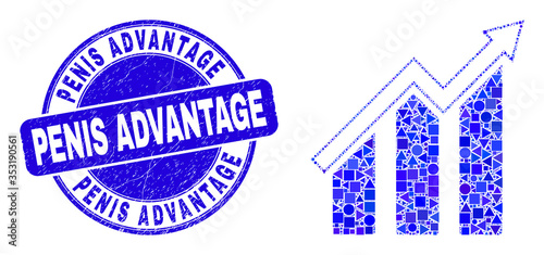 Geometric growing trend chart mosaic pictogram and Penis Advantage seal stamp. Blue vector round distress seal with Penis Advantage caption.