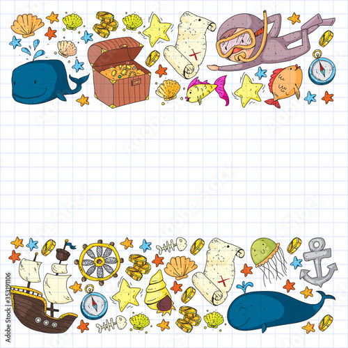 Vector set with underwater diving icons and pirate elements. Treasure chest, ship, octopus, diver. Little boys and kingergarten preschool girls summer vacation and adnventure