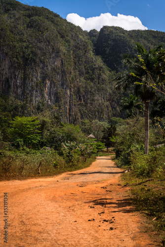 Red earth dirt road in the Vinales Valley, known for its unique limestone cliff formations called mogotes. Cuba