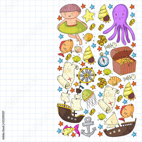 Vector set with underwater diving icons and pirate elements. Treasure chest, ship, octopus, diver. Little boys and kingergarten preschool girls summer vacation and adnventure
