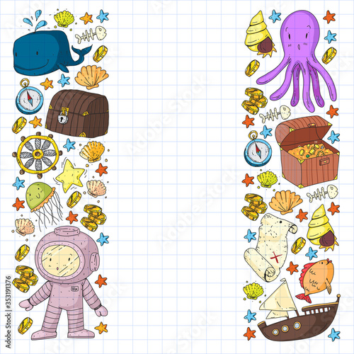 Vector set with underwater diving icons and pirate elements. Treasure chest, ship, octopus, diver. Little boys and kingergarten preschool girls summer vacation and adnventure