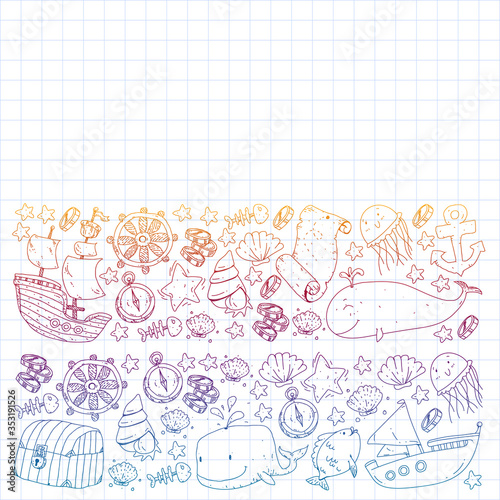 Vector set with underwater diving icons and pirate elements. Treasure chest, ship, octopus, diver. Little boys and kingergarten preschool girls summer vacation and adnventure