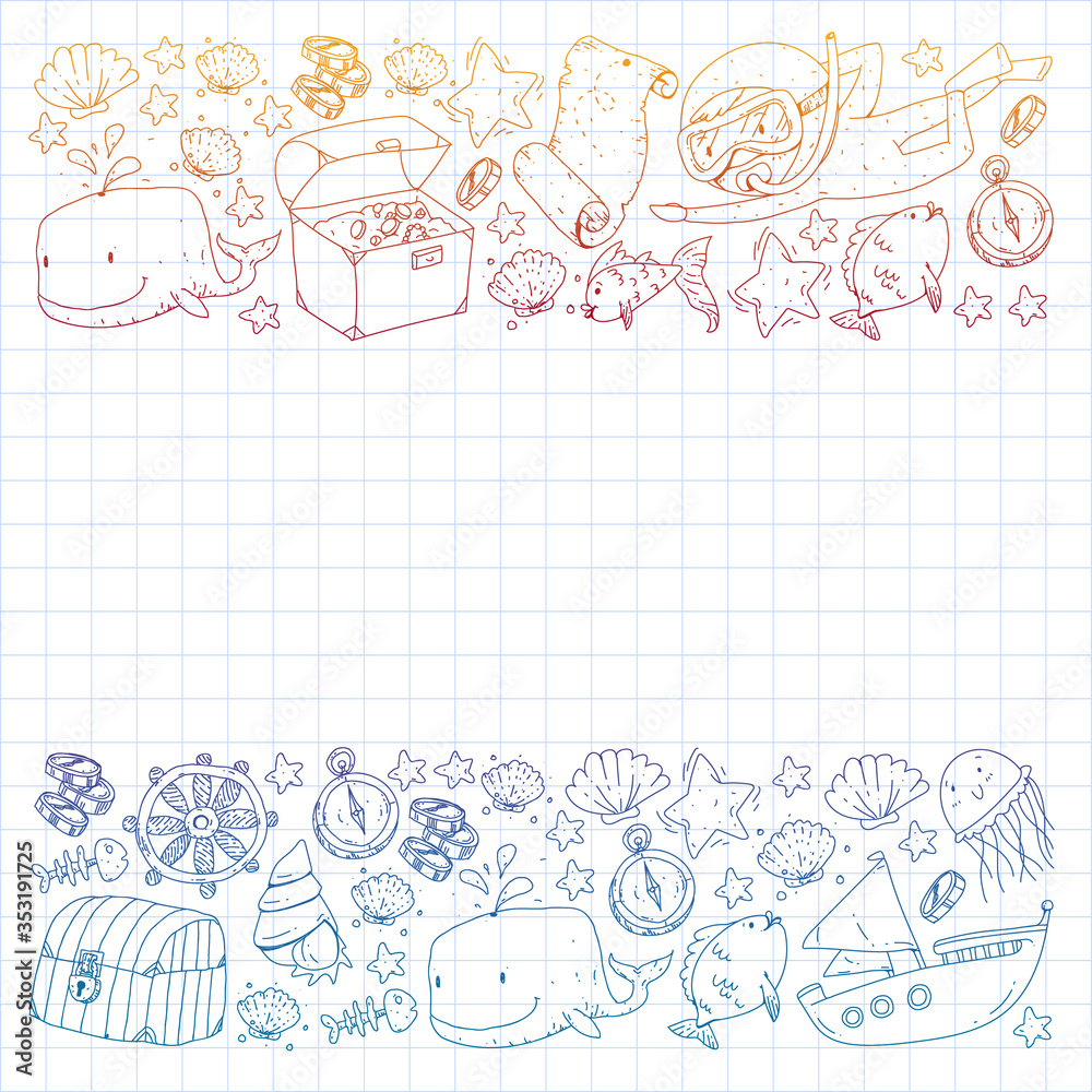 Vector set with underwater diving icons and pirate elements. Treasure chest, ship, octopus, diver. Little boys and kingergarten preschool girls summer vacation and adnventure Vector set with underwater diving icons and pirate elements. Treasure chest, ship, octopus, diver. Little boys and kingergarten preschool girls summer vacation and adnventure