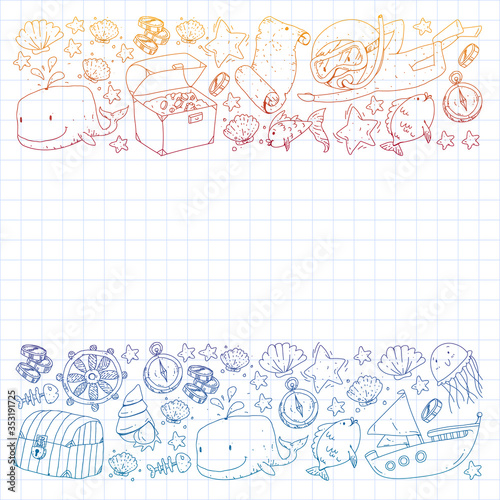 Vector set with underwater diving icons and pirate elements. Treasure chest, ship, octopus, diver. Little boys and kingergarten preschool girls summer vacation and adnventure