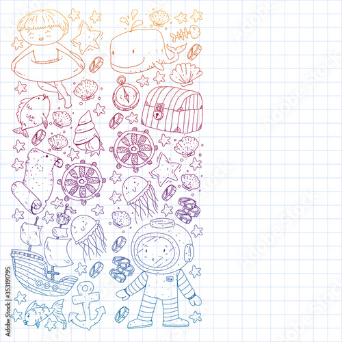 Vector set with underwater diving icons and pirate elements. Treasure chest, ship, octopus, diver. Little boys and kingergarten preschool girls summer vacation and adnventure