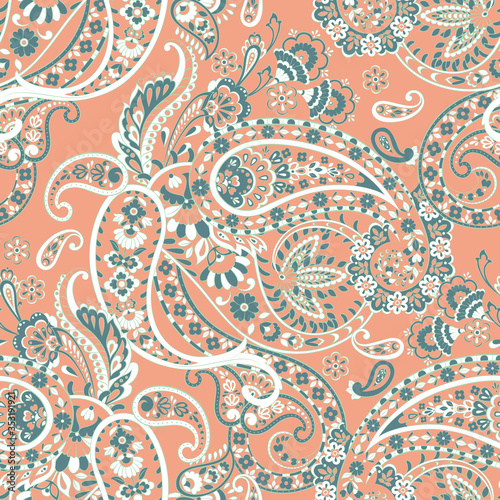 Paisley folkloric flowers seamless pattern. ethnic floral vector ornament