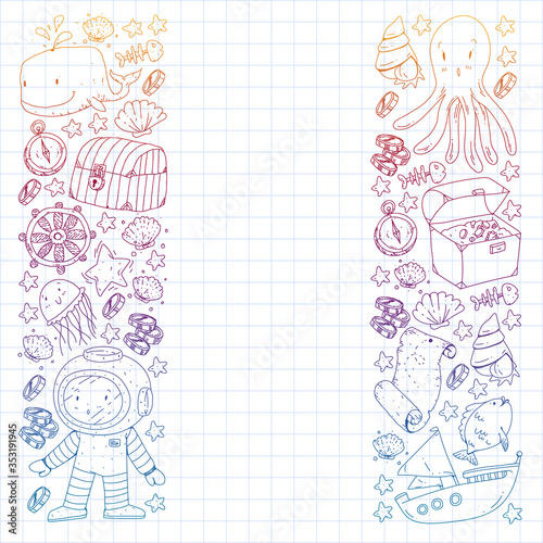 Vector set with underwater diving icons and pirate elements. Treasure chest, ship, octopus, diver. Little boys and kingergarten preschool girls summer vacation and adnventure