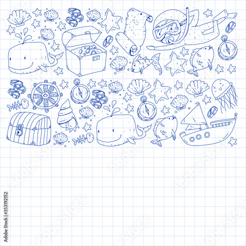 Vector set with underwater diving icons and pirate elements. Treasure chest, ship, octopus, diver. Little boys and kingergarten preschool girls summer vacation and adnventure