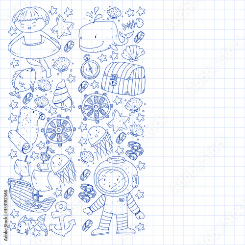 Vector set with underwater diving icons and pirate elements. Treasure chest, ship, octopus, diver. Little boys and kingergarten preschool girls summer vacation and adnventure
