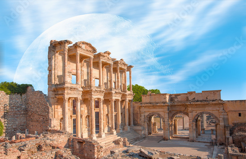 Celsus Library in Ephesus with full moon - Kusadasi, Turkey  "Elements of this image furnished by NASA"