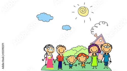 cute little drawing of a huge family conformed by grandparents parents and children hanging out outside their home on a beautiful sunny day smiling and holding hands photo