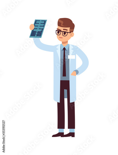X ray look. Doctor holding and looking roentgen testing photo. Vector cartoon medical character