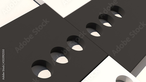 3d render. Abstract geometric background. black and white structure with blocks.Holes in cube.