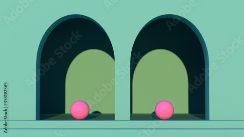 3d render. Abstract geometric background. Green wall with arches.Two pink spheres in arch.