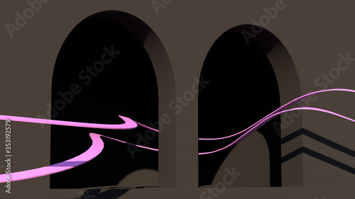 3d render. Abstract geometric background. Black wall with arches.Two pink lines fly through arches.