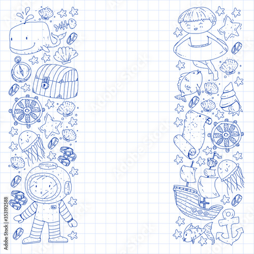 Vector set with underwater diving icons and pirate elements. Treasure chest, ship, octopus, diver. Little boys and kingergarten preschool girls summer vacation and adnventure