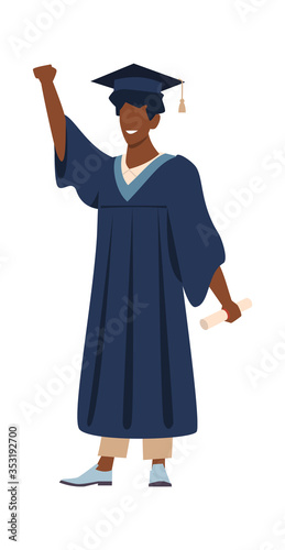 Graduated student with diploma. Young man wearing academic gown with paper vector concept