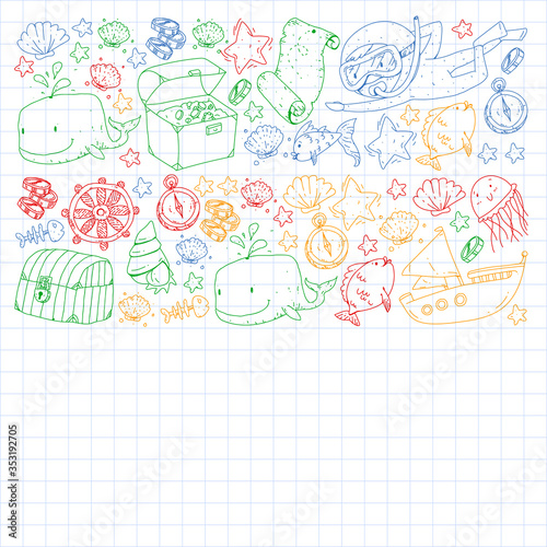 Vector set with underwater diving icons and pirate elements. Treasure chest, ship, octopus, diver. Little boys and kingergarten preschool girls summer vacation and adnventure