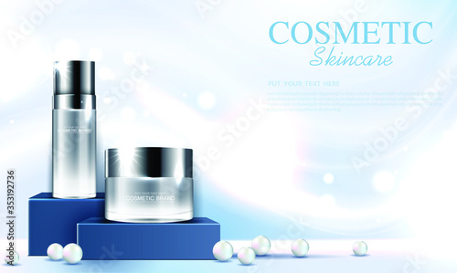 Hydrating facial skincare for annual sale or festival sale. silver pearl cream mask bottle isolated on glitter particles background for product presentation. Graceful cosmetic ads, Vector illustration