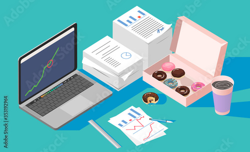 vector,Office break and resting after solving task with Doughnut box and coffee cup,