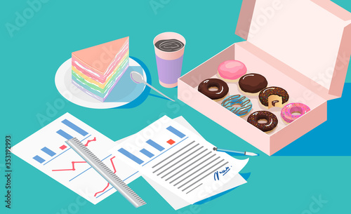vector,Office break and resting after solving task with Doughnut box crape cake and coffee cup,