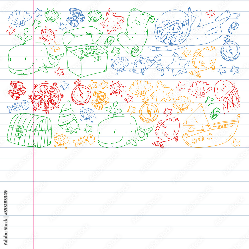 Vector set with underwater diving icons and pirate elements. Treasure chest, ship, octopus, diver. Little boys and kingergarten preschool girls summer vacation and adnventure