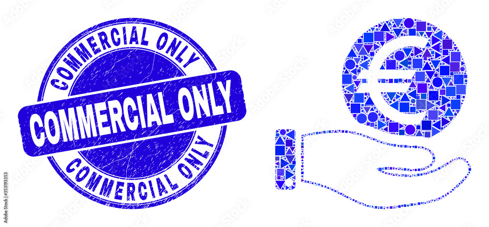 Geometric hand offer euro coin mosaic icon and Commercial Only seal stamp. Blue vector round grunge seal stamp with Commercial Only phrase.
