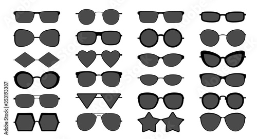 Black sunglasses silhouette. Modern stylish elegant shading sun glasses with different shape, isolated vector set of accessories