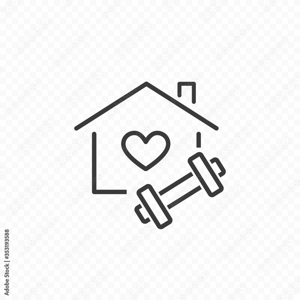 Workout at home icon isolated on transparent background. Vector house with sport exercise symbol. Care, stay fit and safe, quarantine sign Workout at home icon isolated on transparent background. Vector house with sport exercise symbol. Care, stay fit and safe, quarantine sign