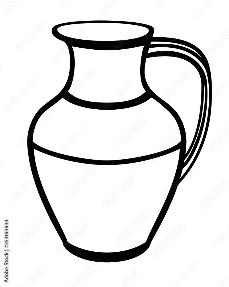 Pitcher is a pottery folk product. Pitcher - vector linear picture for coloring. Traditional dishes. Outline.