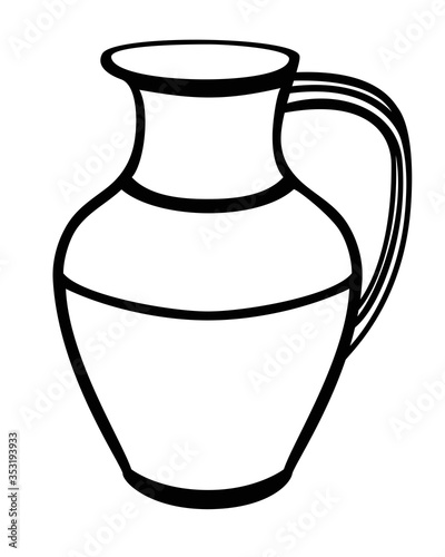 Pitcher is a pottery folk product. Pitcher - vector linear picture for coloring. Traditional dishes. Outline.
