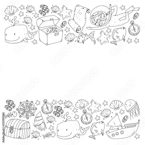 Vector set with underwater diving icons and pirate elements. Treasure chest, ship, octopus, diver. Little boys and kingergarten preschool girls summer vacation and adnventure
