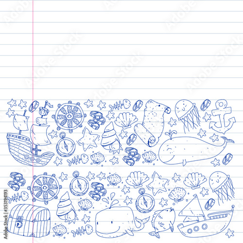 Vector set with underwater diving icons and pirate elements. Treasure chest, ship, octopus, diver. Little boys and kingergarten preschool girls summer vacation and adnventure