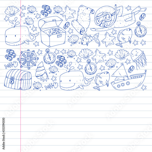 Vector set with underwater diving icons and pirate elements. Treasure chest, ship, octopus, diver. Little boys and kingergarten preschool girls summer vacation and adnventure