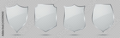 Glass shield. Defense sign, privacy protection guard symbol, safety badge, decoration glass secure element, transparent plates vector set