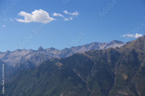 Cerler, Huesca/Spain; Aug. 21, 2017. Mountainous profile of the Pyrenees between the town of Benasque and Cerler.