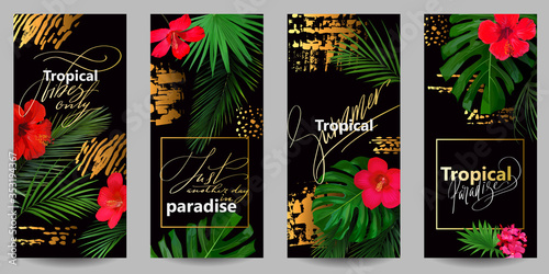 Stylish wallpapers for smartphone with tropical leaves, hibiscus and golden splashes on black background